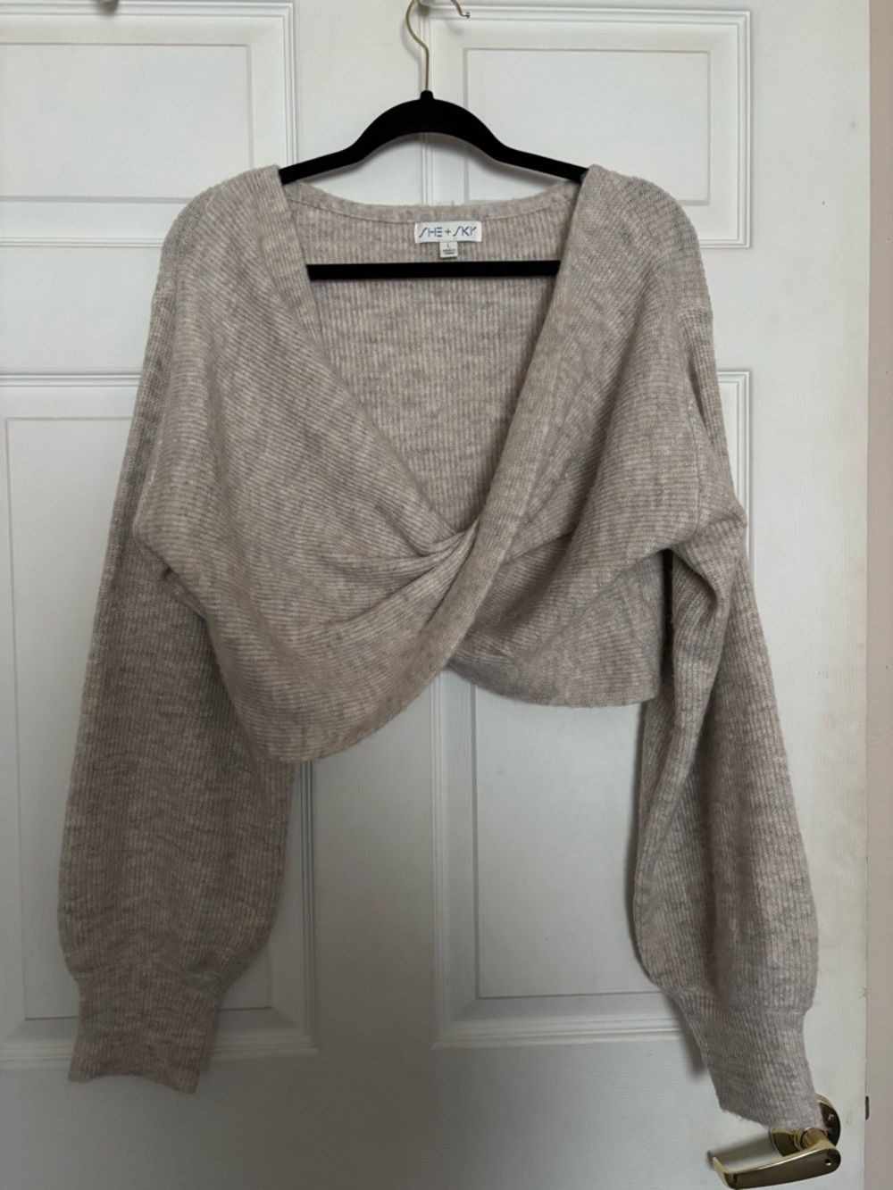 She + Sky Taupe Twist-Front V-Neck Cropped Sweater